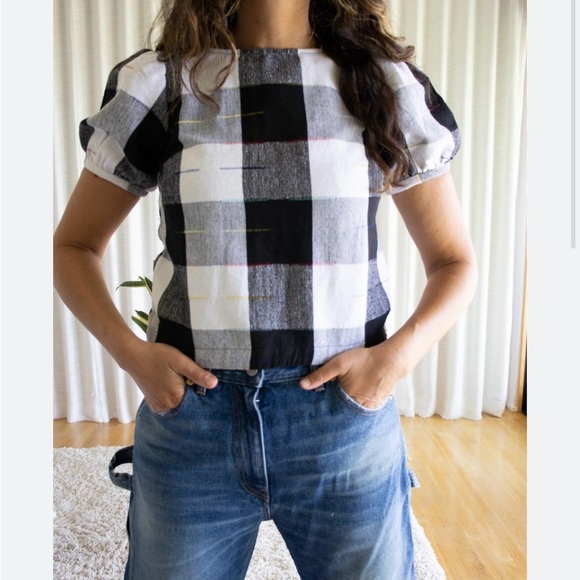 The Odells Tops - The Odells Checkered plaid Puff‎ Sleeve Blouse - Black and White